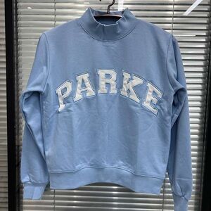 PARKE Light Blue Mock Neck Sweatshirt with Collegiate Appliqué